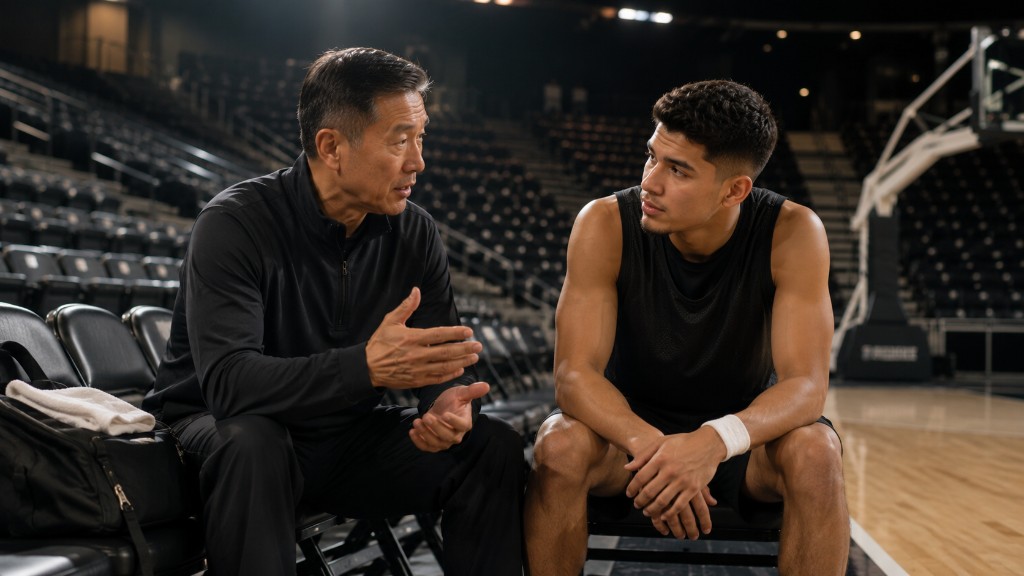 A student-athlete talking with a mentor on the sideline